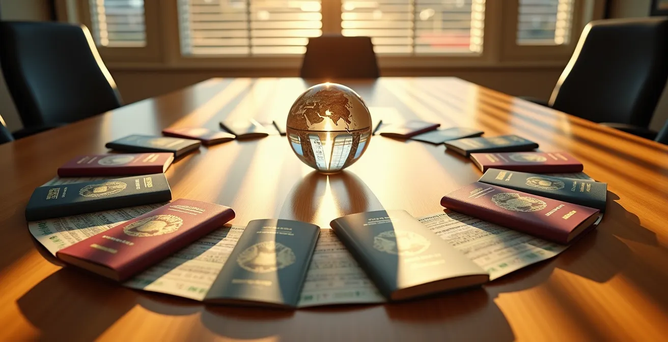 Abstract visualization of interconnected global trade certification networks and mutual recognition agreements