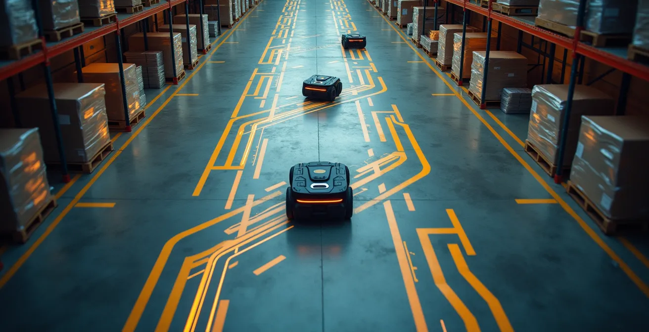 Aerial view showing multiple AGVs navigating optimized paths in warehouse