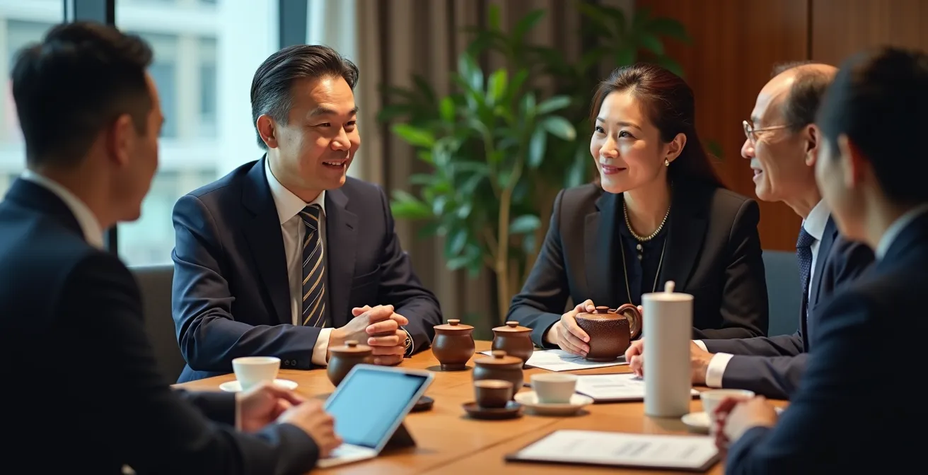 Business professionals in Asian conference room engaged in respectful negotiation with customs documents
