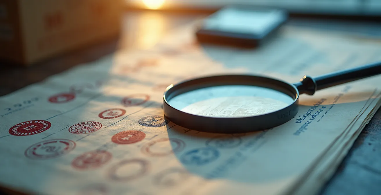 Extreme close-up of document verification process showing paper textures and abstract patterns