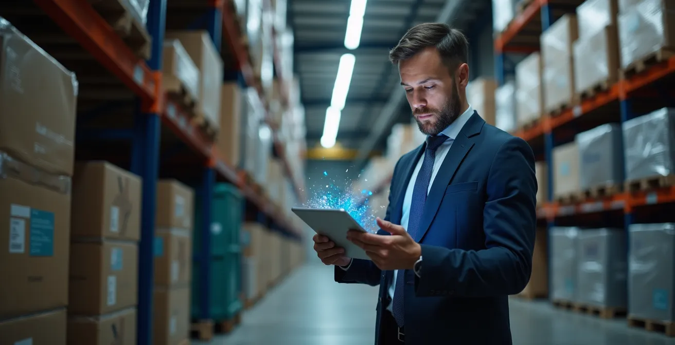 Professional auditor examining shipping containers with digital checklist overlay in logistics facility