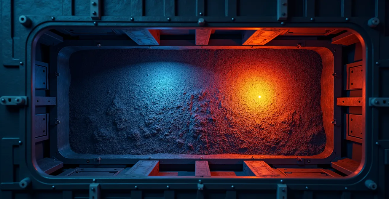 Thermal imaging view of coal cargo hold showing temperature variations