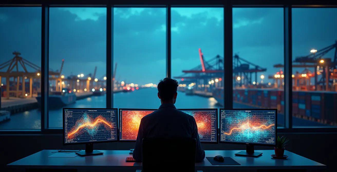 Business analyst reviewing container shipping forecast data on multiple screens showing trend graphs