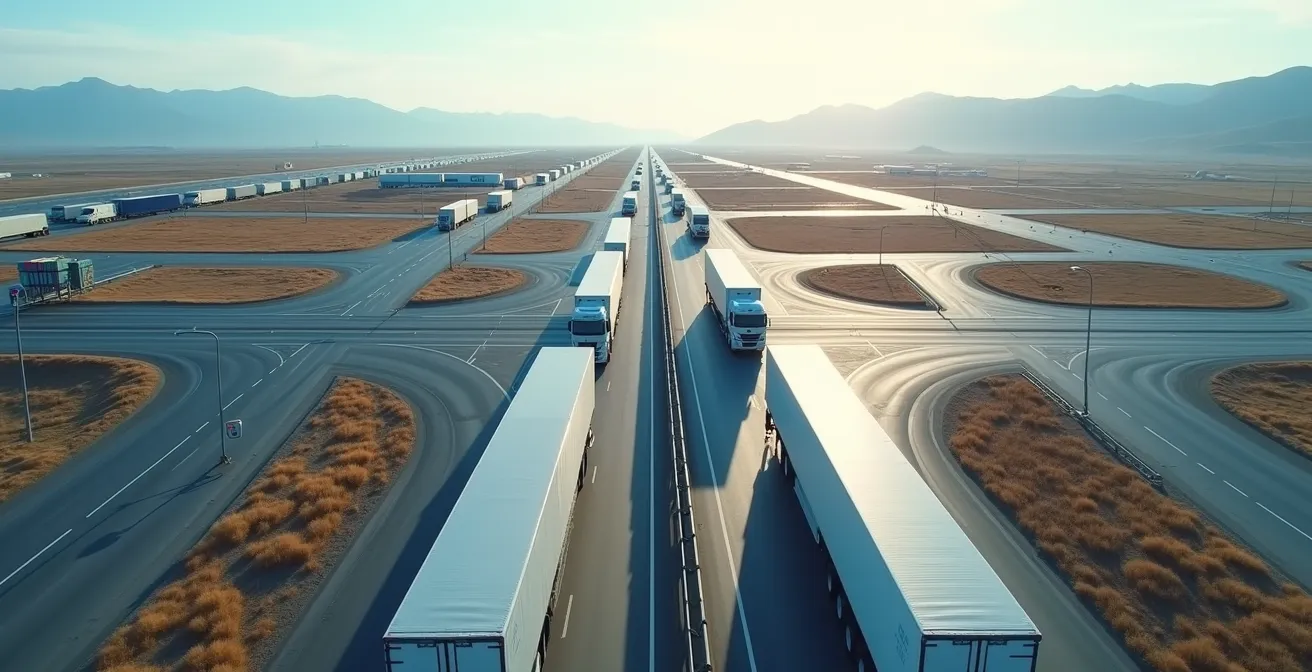 Aerial view of international border crossing with trucks in organized flow patterns