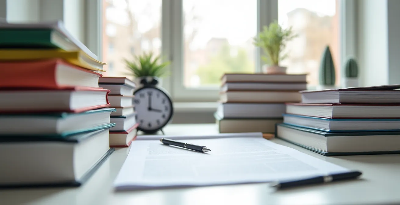 Focused study setup with customs regulations and reference materials for broker exam preparation