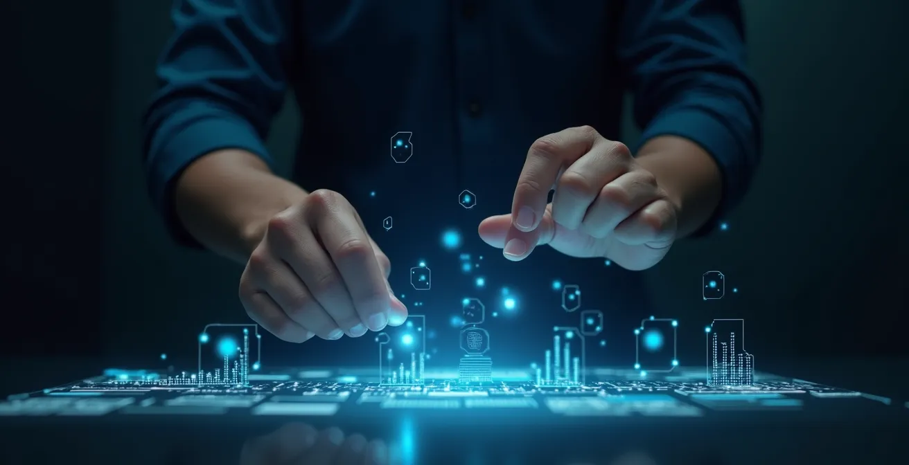 Professional analyzing complex data patterns with holographic visualization tools