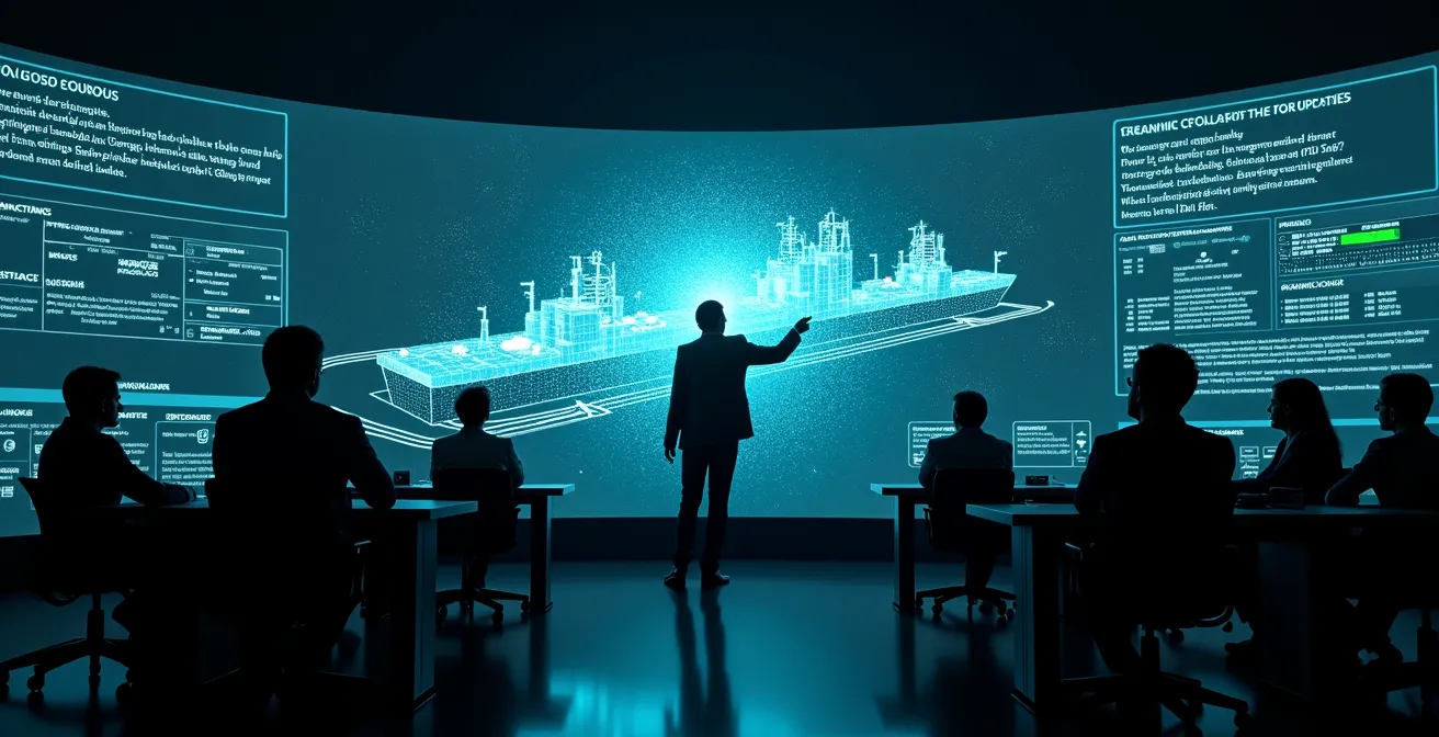 Modern logistics control room with professionals monitoring digital twin simulations of global shipments