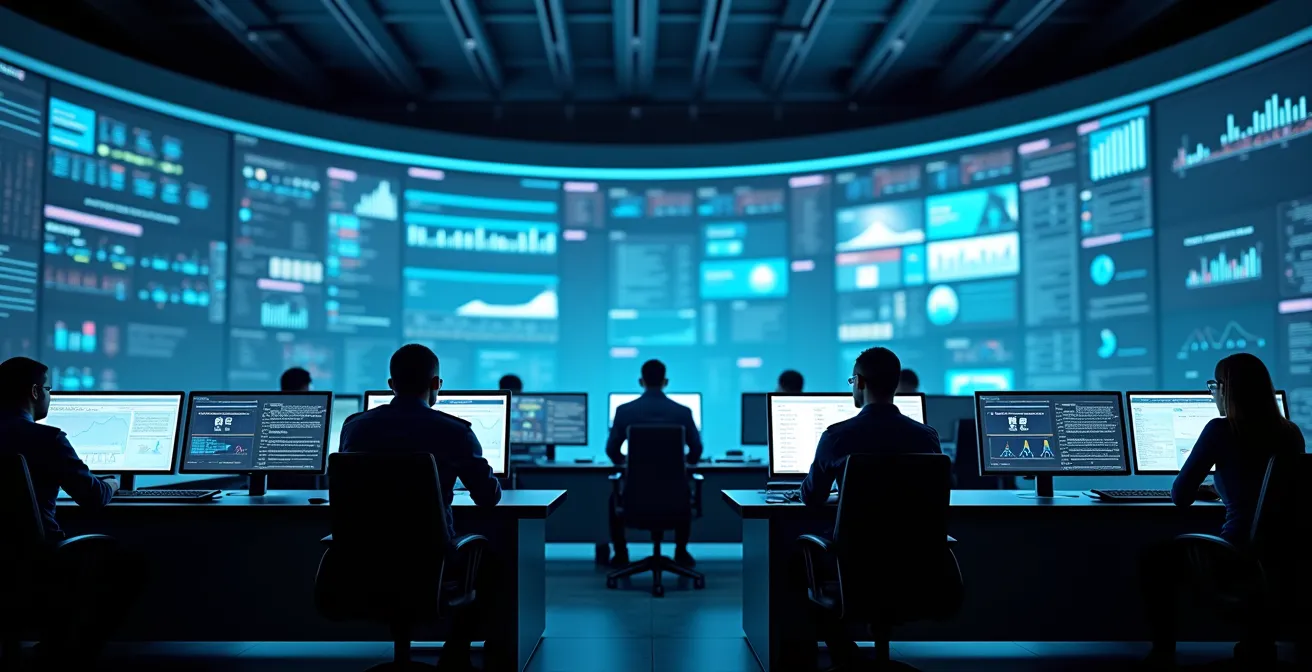 Modern logistics control center with operators monitoring digital customs clearance systems