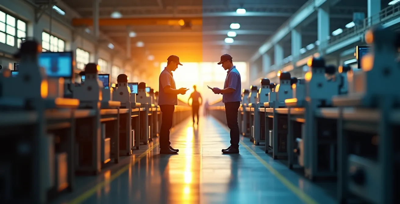 Split-screen view of parallel production facilities operating simultaneously