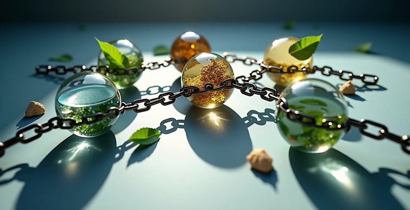 Complex data visualization showing carbon tracking requirements across regional supply chains for EU market access