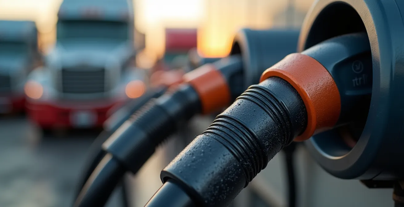 Close-up of heavy-duty EV truck charging cables and connectors at a depot, highlighting the complex infrastructure required.