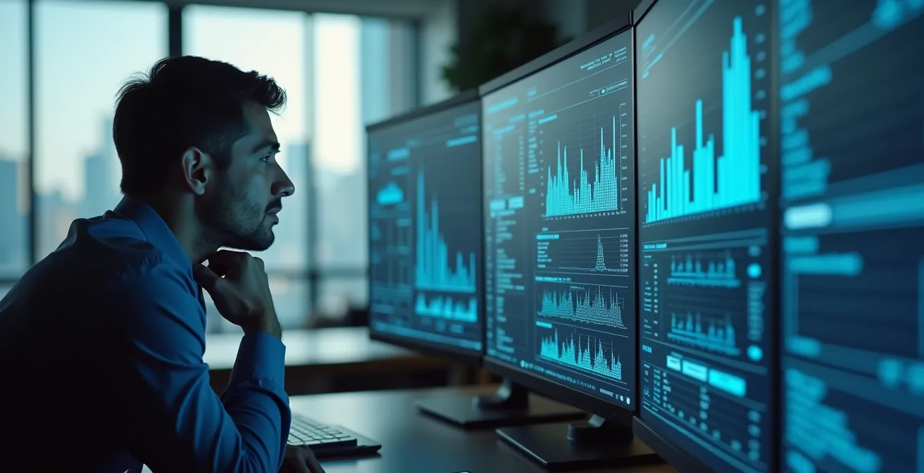 An executive analyzes complex data visualizations on multiple screens, representing predictive analytics in a supply chain context.