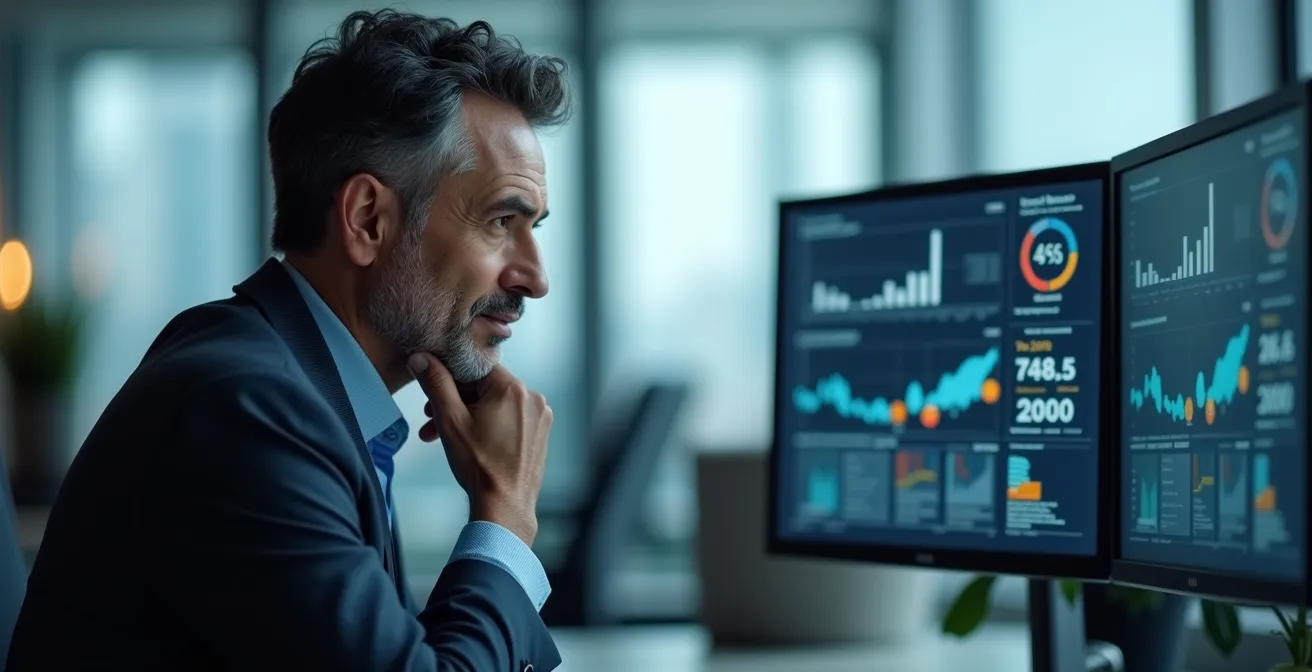 Executive reviewing financial impact data on multiple screens in a modern office.