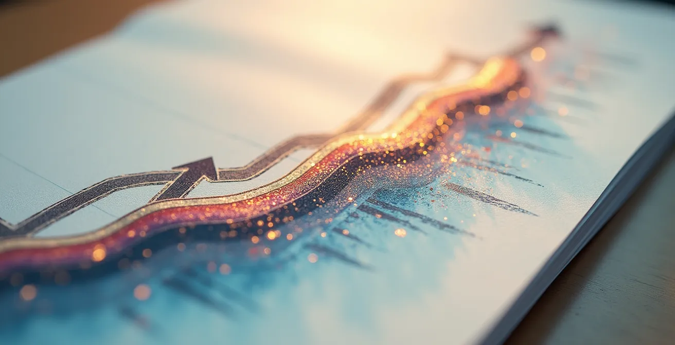 Abstract composition showing transformation from text blocks to upward trending metrics