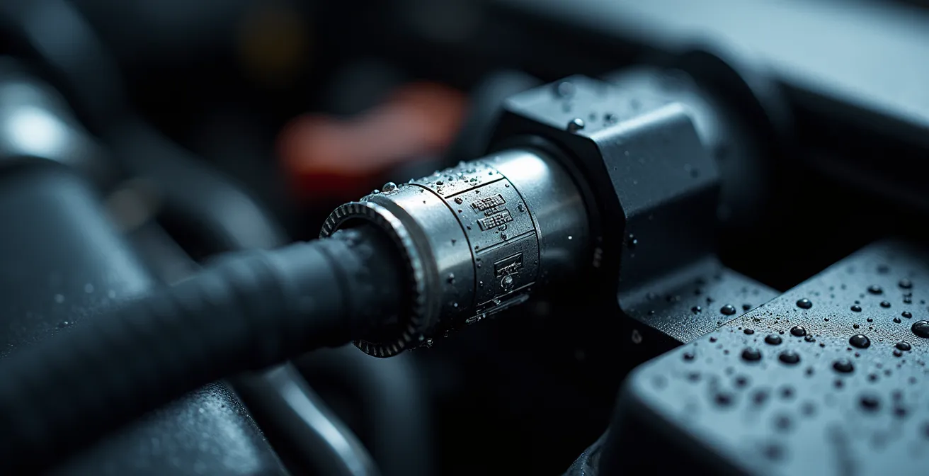 Extreme close-up of vehicle telematics sensor and fuel monitoring equipment