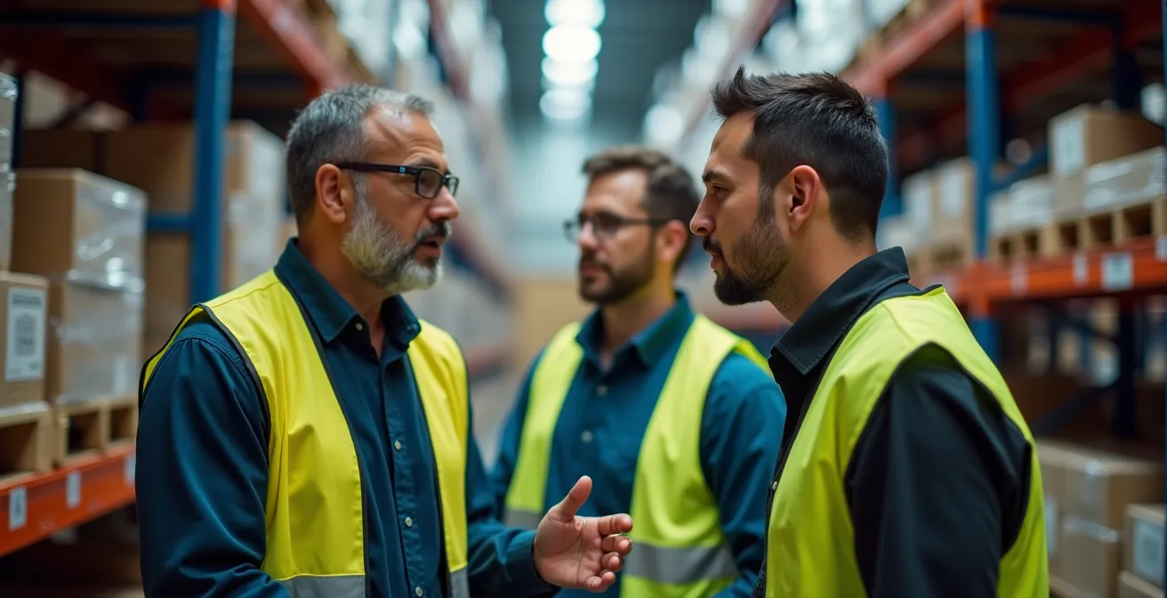 Manager observing warehouse operations from the floor level with workers
