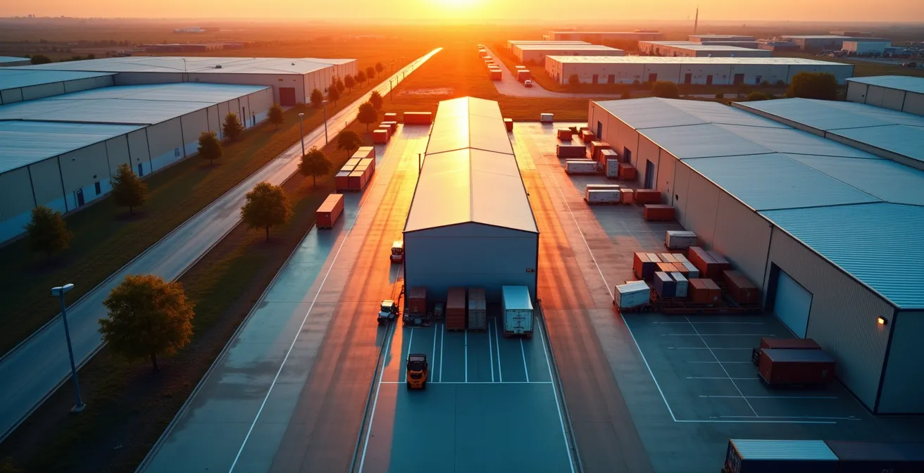 Aerial view of warehouse with digital geofencing zones and alert boundaries visualized