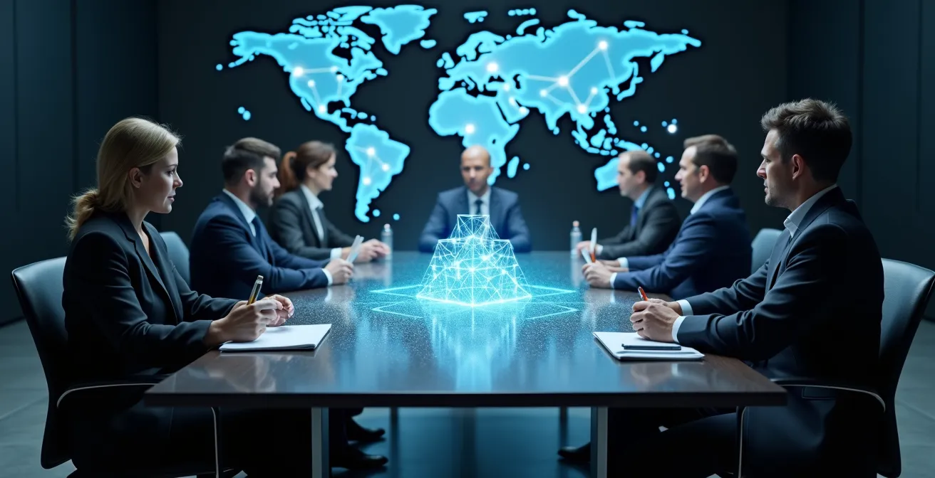 Business professionals analyzing multilayered compliance frameworks on digital displays in modern office