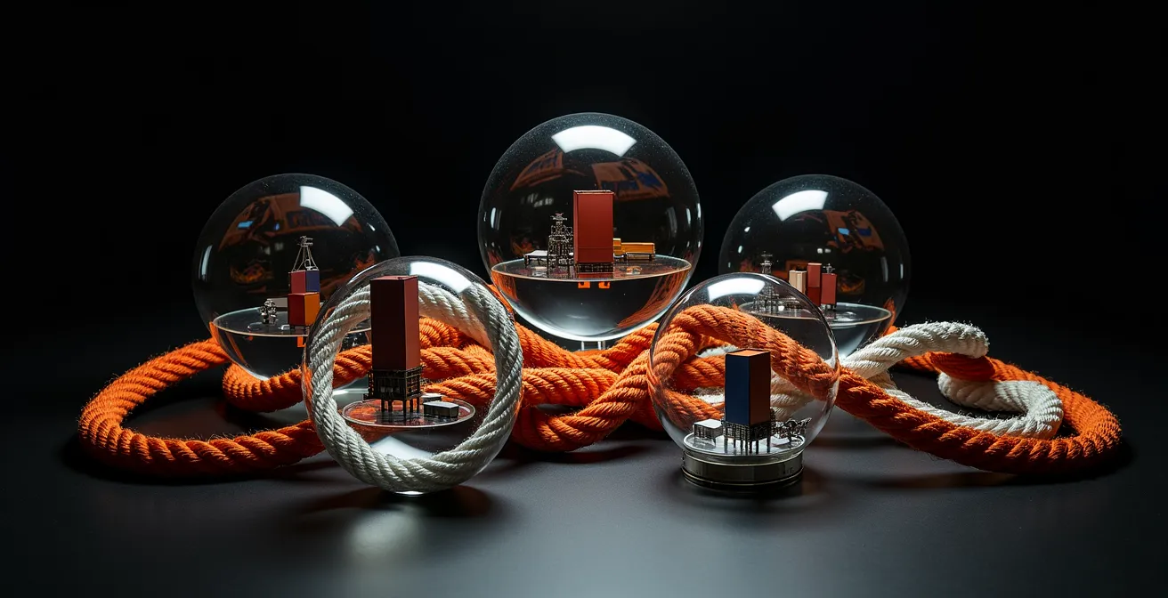 Abstract network of interconnected global trade challenges visualized as flowing patterns