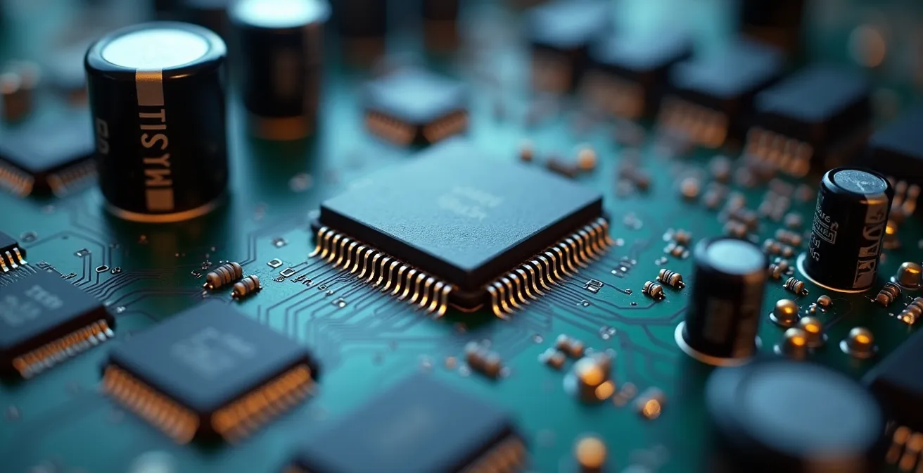 Extreme close-up of electronic circuit board components showing intricate detail