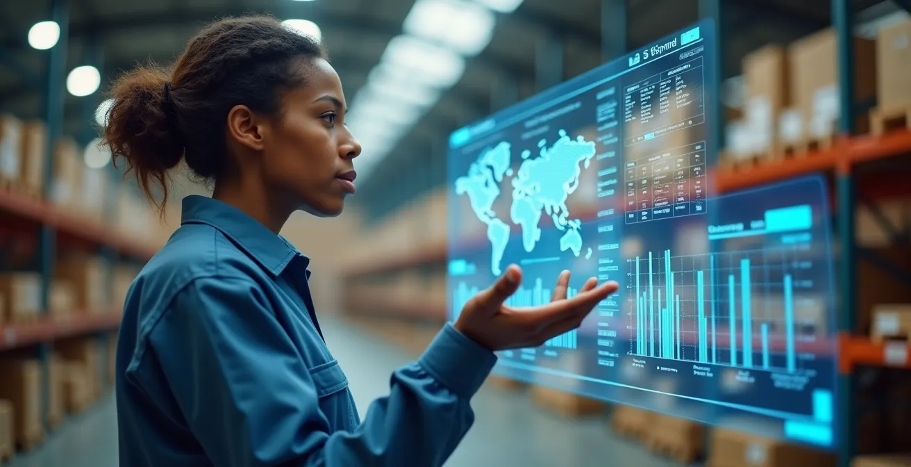 Professional examining holographic data projections in modern logistics center