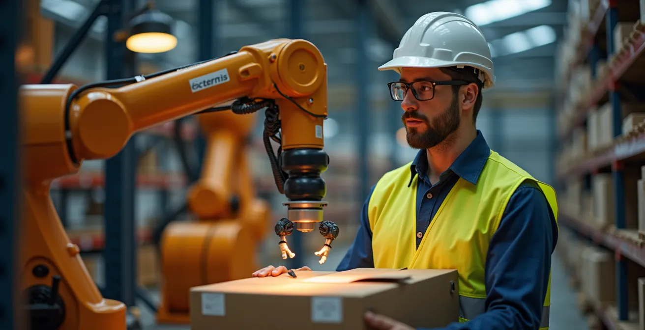 Modern warehouse showing seamless collaboration between human workers and automated systems in a regional distribution center