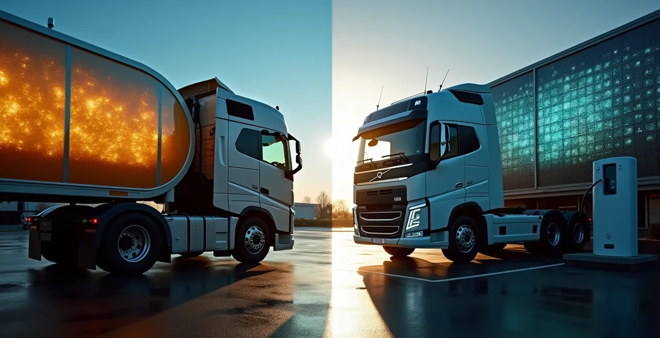 Split scene showing HVO100 biofuel truck and electric truck at charging station