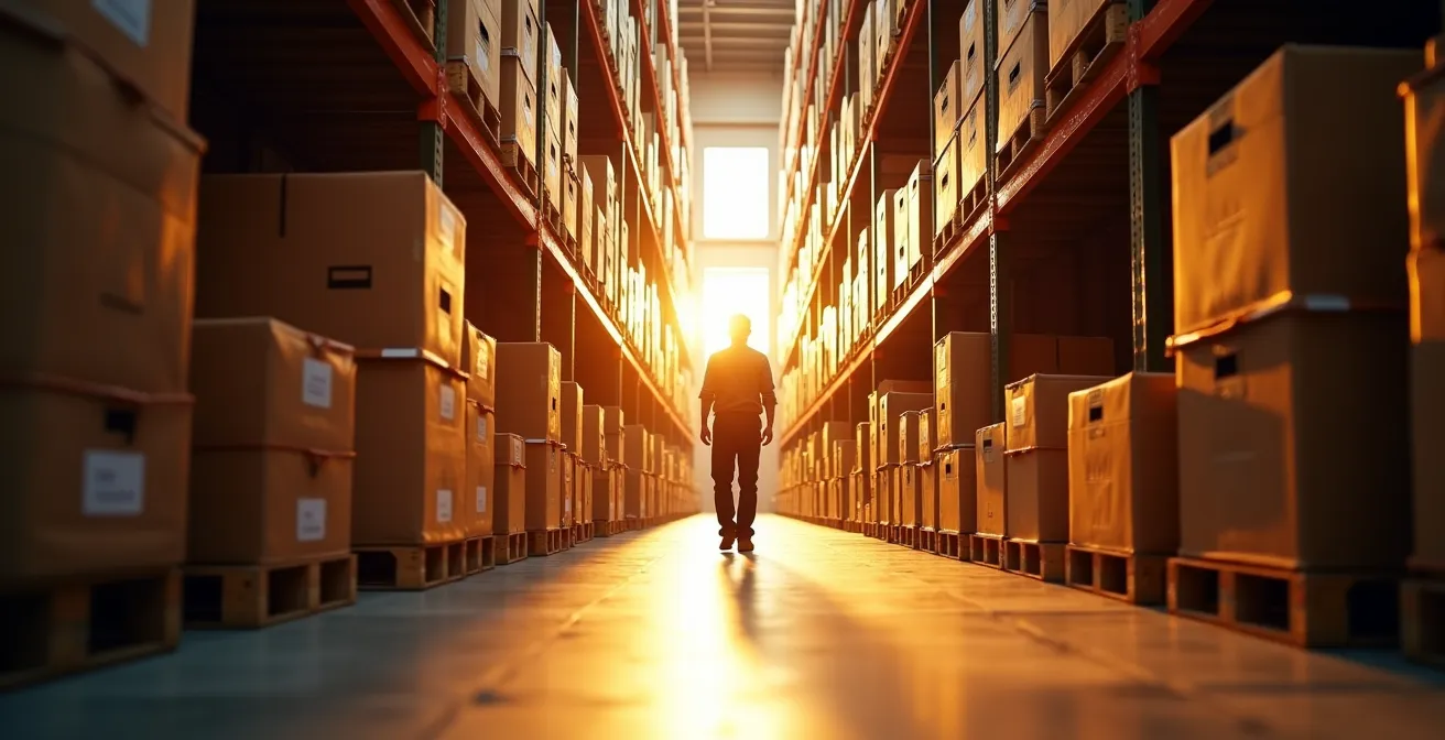 Dramatic warehouse scene showing excess inventory from procurement miscalculation