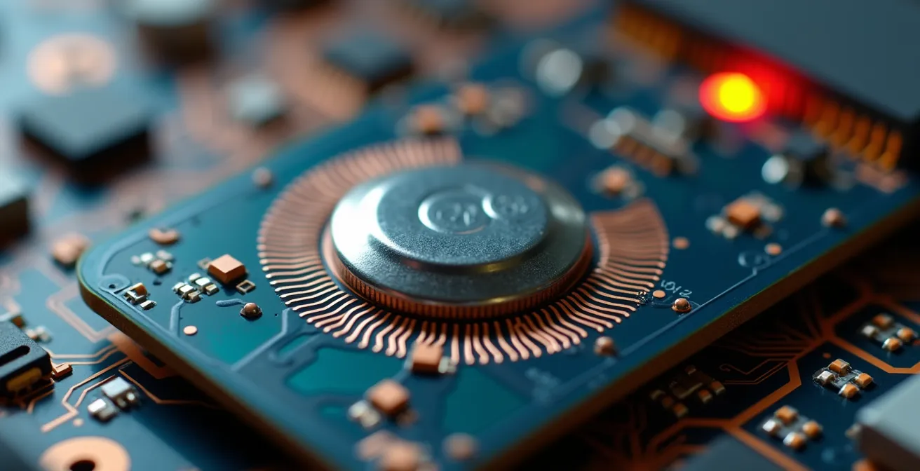 Extreme close-up of IoT sensor showing battery compartment and power management components