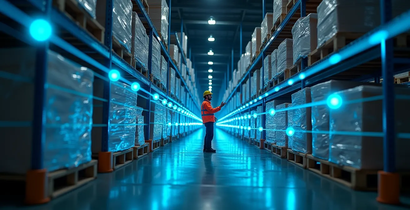 Warehouse worker scanning pallets with IoT sensors showing abstract light patterns in modern distribution center
