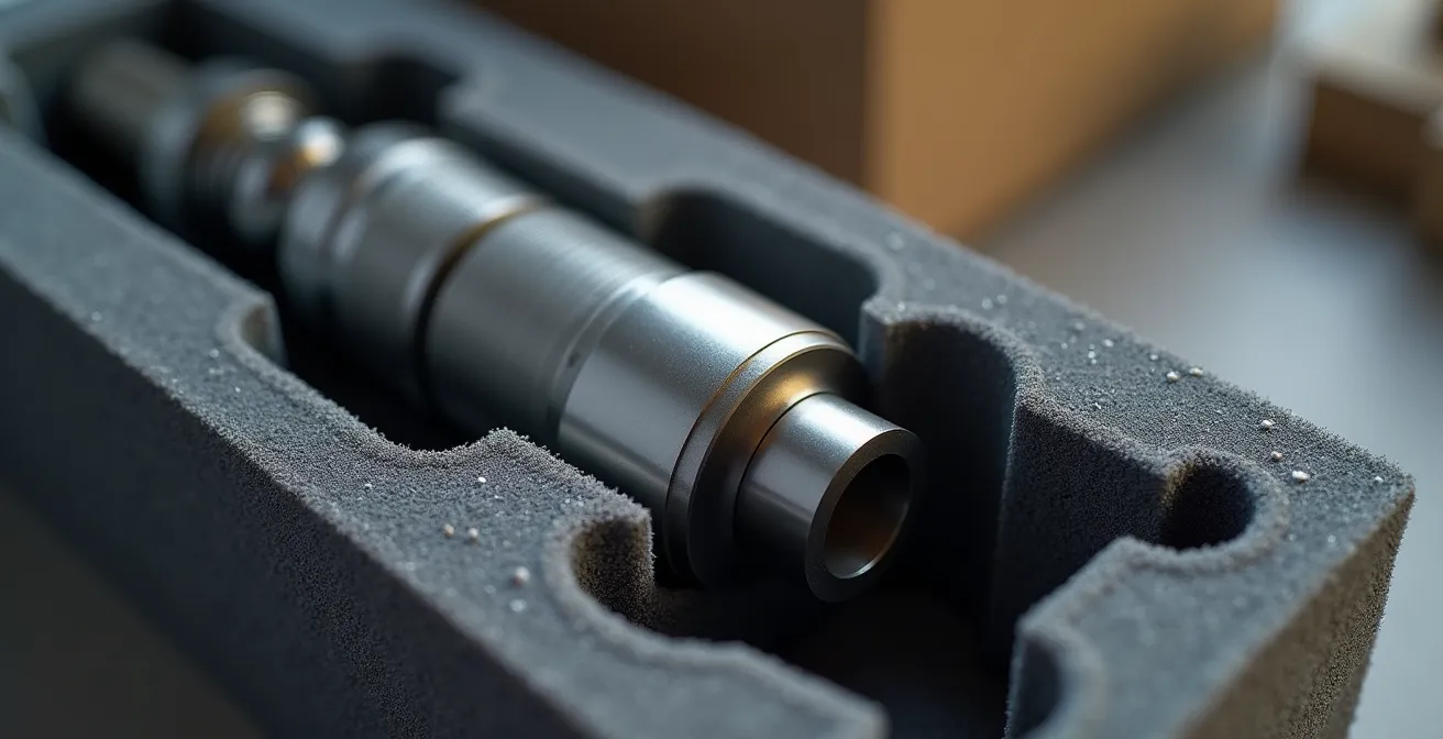 Close-up of precision custom crate fitting for aerospace component