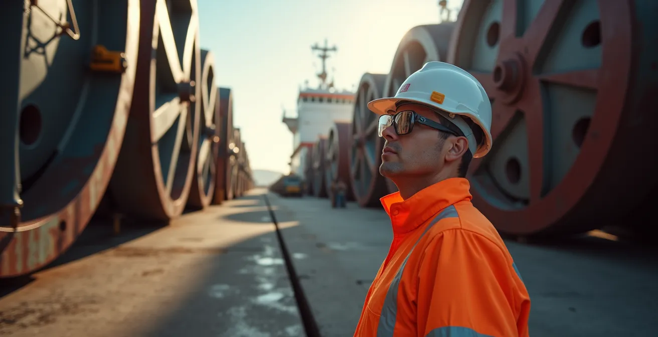 Marine Warranty Surveyor inspecting heavy machinery lashing points on vessel deck