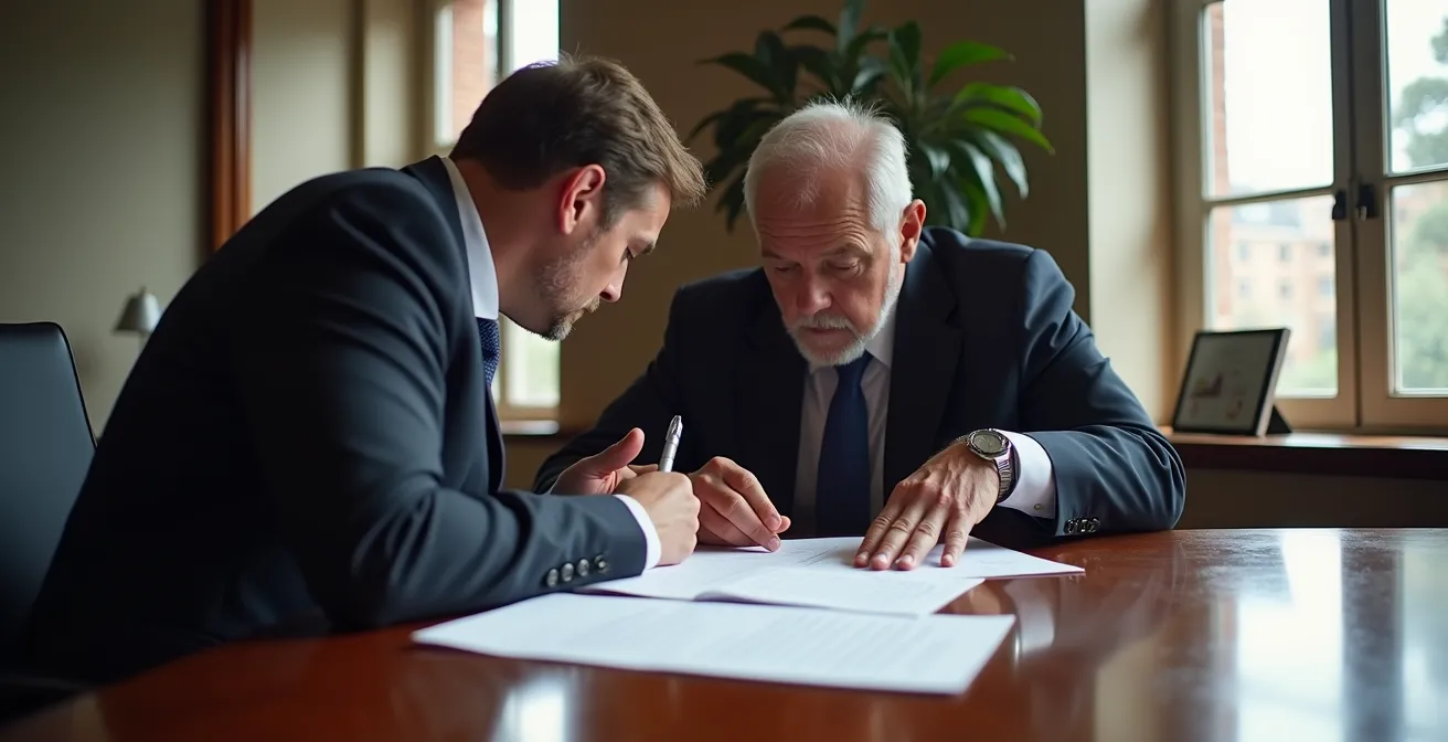 Business professionals reviewing maritime contracts in modern office