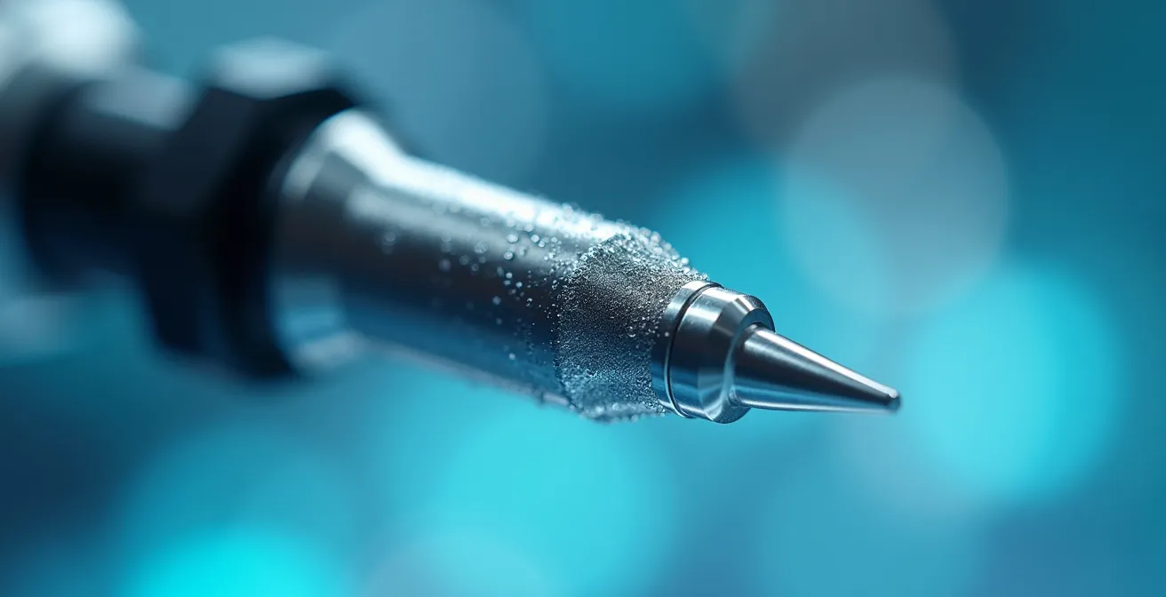 Extreme close-up of precision temperature sensor calibration setup with reference thermometer