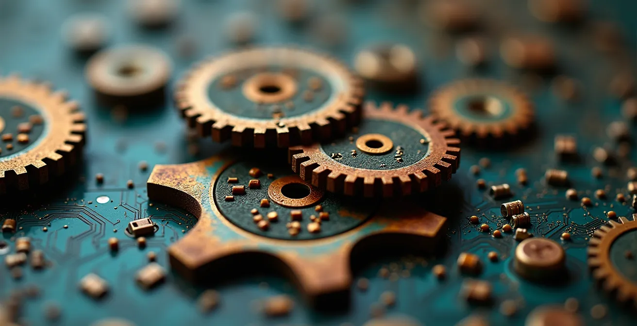 Abstract visualization of outdated processes as tangled vintage machinery