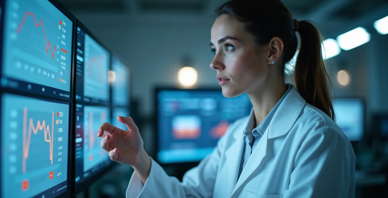 Healthcare professional analyzing temperature monitoring data in control room environment