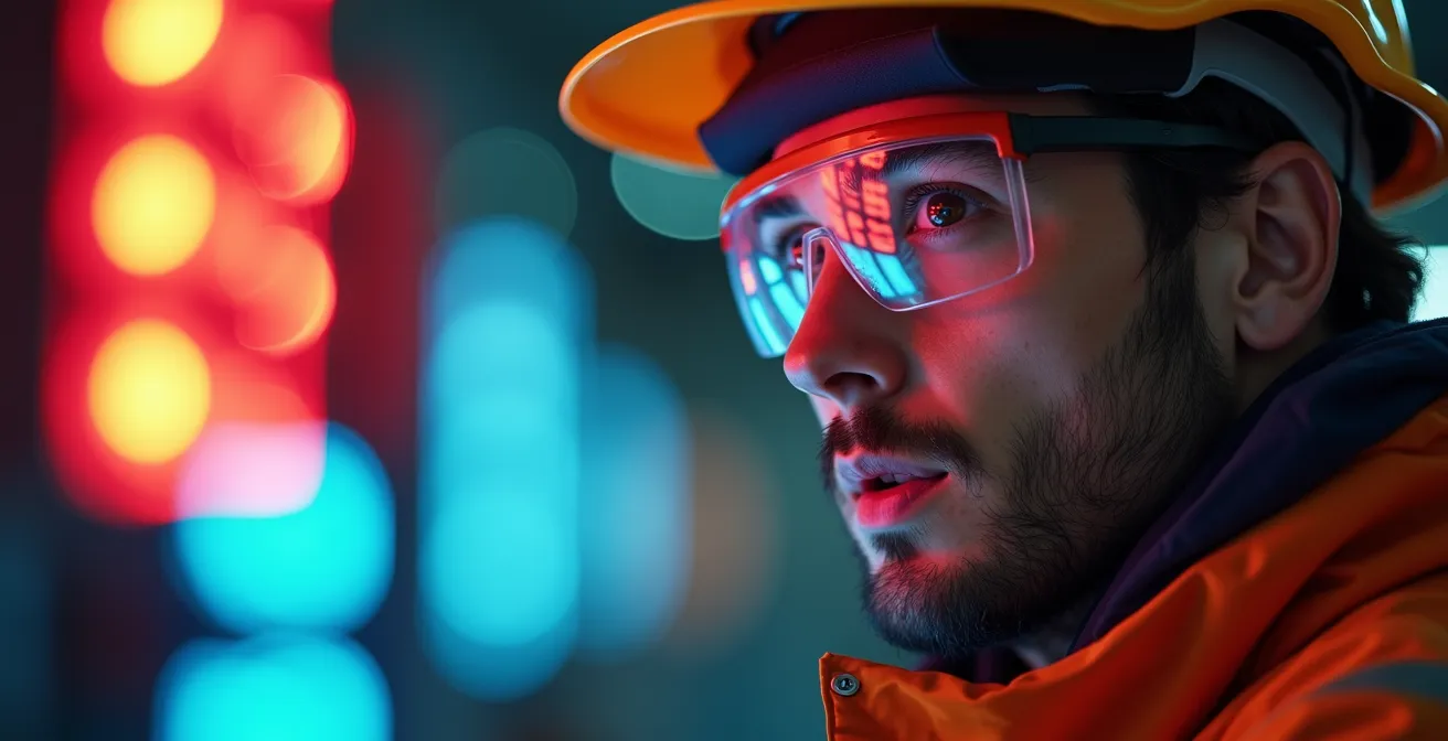 Temporary warehouse worker following illuminated picking guidance system with colored LED indicators