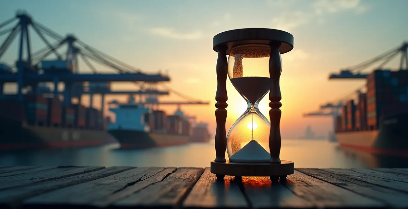 Wide angle view of port terminal operations showing vessel berthing complexity