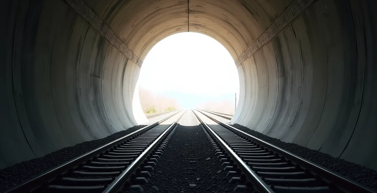 Wide angle view through curved railway tunnel showing tracks converging in the distance with dramatic light contrast