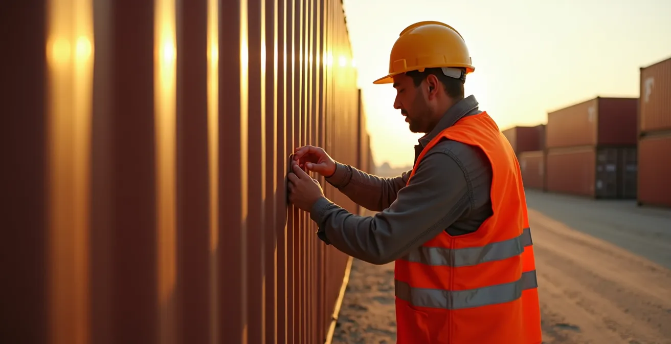 Inspector examining container structural integrity in remote port location