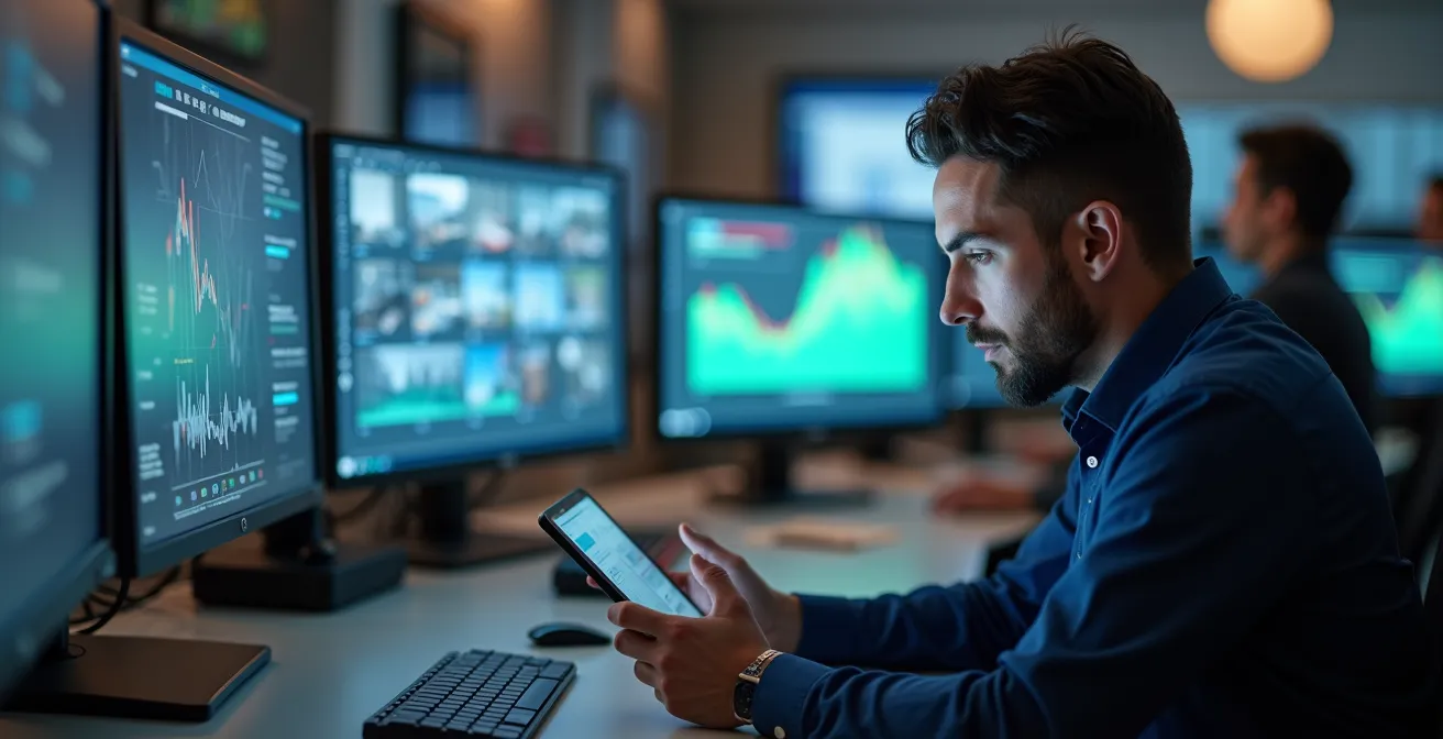 Transloading facility control room with multiple monitoring screens showing real-time operations from various angles