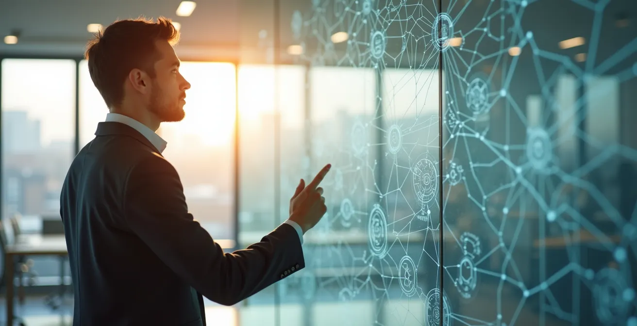 Logistics professional examining shipping routes on transparent display board