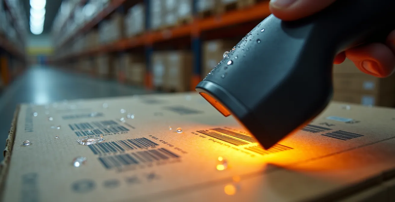 Extreme close-up of RFID scanner and barcode technology in warehouse setting