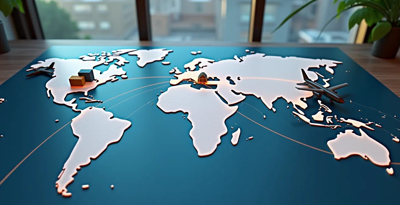 Global multimodal freight routing visualization showing sea-air combination paths