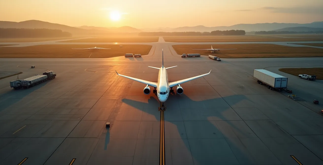 Aerial perspective of secondary airport cargo operations area