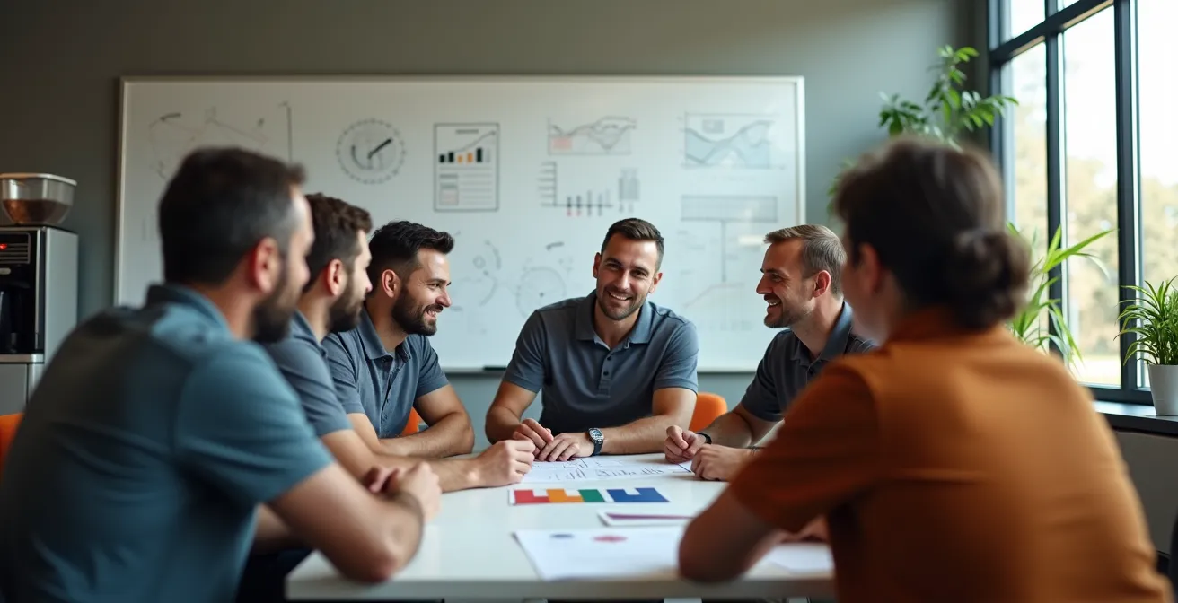 A group of diverse truck drivers in a break room discussing fuel savings and team benefits.