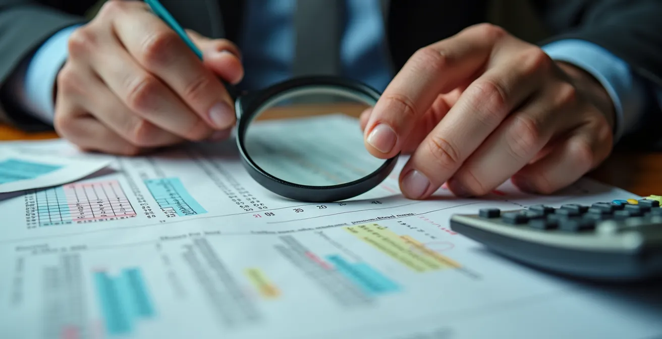 Close-up of hands reviewing shipping documents with calculator and highlighting discrepancies