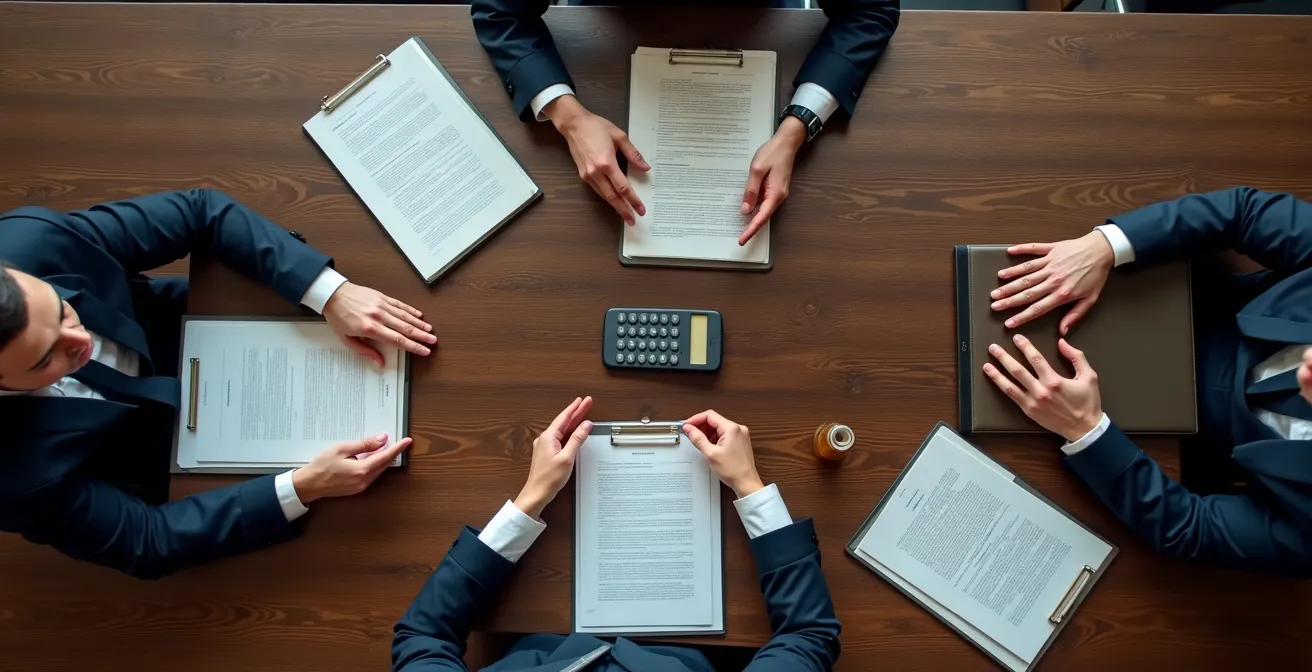Business negotiation scene with legal documents and calculators on a conference table, symbolizing SLA contract terms.