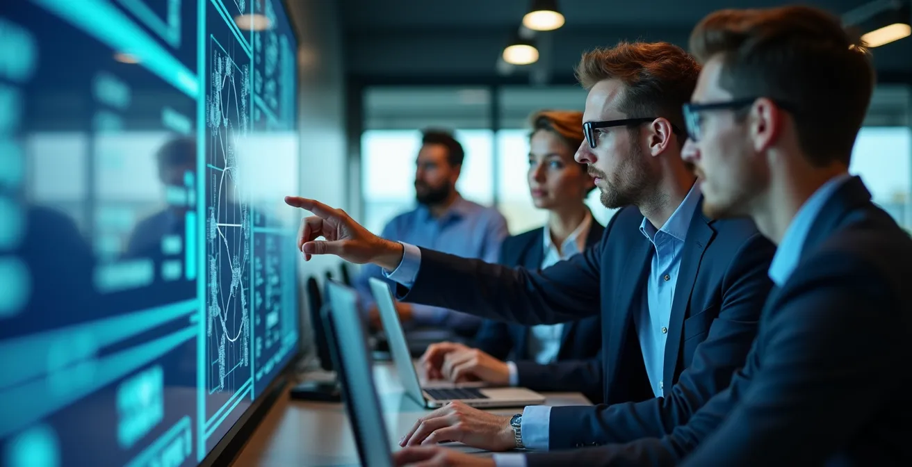 Emergency response team conducting supply chain simulation exercise in modern command center