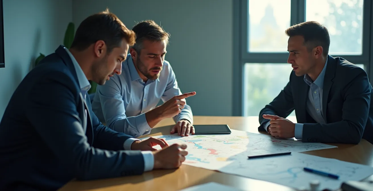 Supply chain professionals collaborating in crisis management center during major disruption